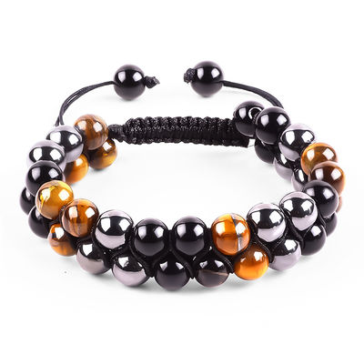 Bracelet de guérison à double couche réglable, fait à la main, en pierre triple, tressée à la corde