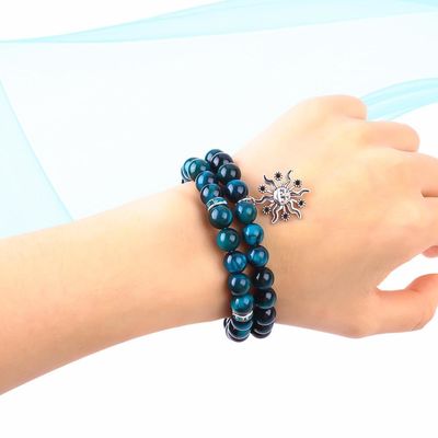 Bracelet élastique rond turquoise bleu oeil de tigre en pierre à perles