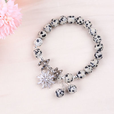 Jeu de pierre précieuse sur mesure 8 mm Diamantation ronde Jaspe avec flocon de neige Bracelet de perles de charme Pour le cadeau