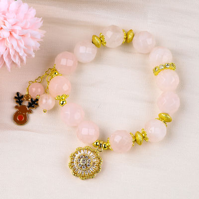 Bracelet à perles en pierre précieuse fait à la main, rose naturel, quartz, girafe réglable, bracelet de charme pour les fêtes.