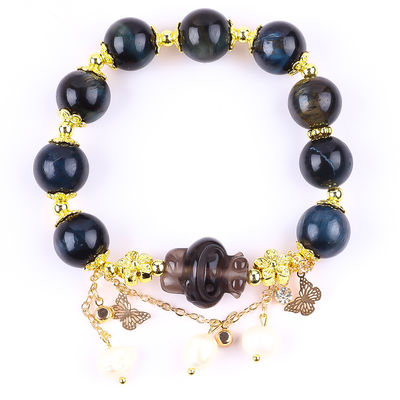 Bracelet à perles en pierre précieuse fait à la main, encre naturelle, œil de tigre bleu, bracelet à charme réglable, pour les fêtes.