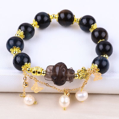 Bracelet à perles en pierre précieuse fait à la main, encre naturelle, œil de tigre bleu, bracelet à charme réglable, pour les fêtes.