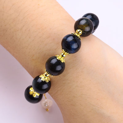 Bracelet à perles en pierre précieuse fait à la main, encre naturelle, œil de tigre bleu, bracelet à charme réglable, pour les fêtes.