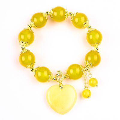 14MM énergie naturelle Chalcédoine jaune avec cœur de jade jaune sculpture bracelet de perles de cristal chanceux