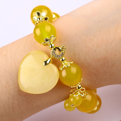 14MM énergie naturelle Chalcédoine jaune avec cœur de jade jaune sculpture bracelet de perles de cristal chanceux