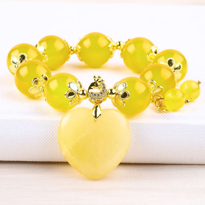 14MM énergie naturelle Chalcédoine jaune avec cœur de jade jaune sculpture bracelet de perles de cristal chanceux