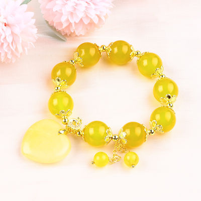 14MM énergie naturelle Chalcédoine jaune avec cœur de jade jaune sculpture bracelet de perles de cristal chanceux
