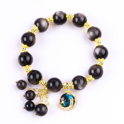 Étoile ronde de pierre 12 mm argentée obsidienne avec charme de lune
