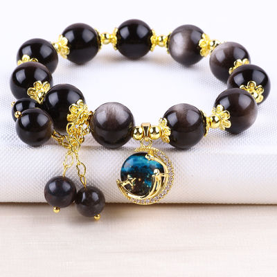 Étoile ronde de pierre 12 mm argentée obsidienne avec charme de lune