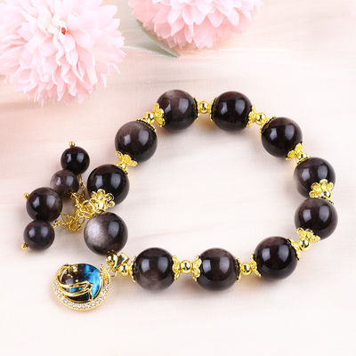 Étoile ronde de pierre 12 mm argentée obsidienne avec charme de lune