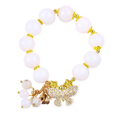 Agate blanc naturel 14 mm cristal cercle unique de la main de la chaîne papillon charme bracelet Pour cadeau