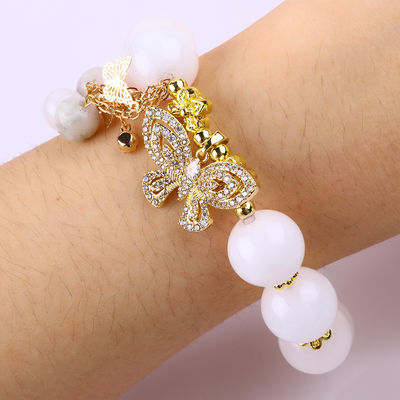 Agate blanc naturel 14 mm cristal cercle unique de la main de la chaîne papillon charme bracelet Pour cadeau