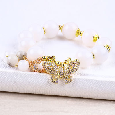 Agate blanc naturel 14 mm cristal cercle unique de la main de la chaîne papillon charme bracelet Pour cadeau