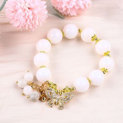Agate blanc naturel 14 mm cristal cercle unique de la main de la chaîne papillon charme bracelet Pour cadeau