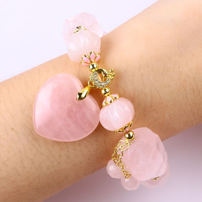 14 mm à facettes en rose de quartz en pierre cristalline, bracelet au cœur sculpté