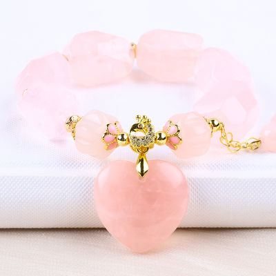 14 mm à facettes en rose de quartz en pierre cristalline, bracelet au cœur sculpté