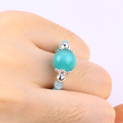 Anneau à perles en pierre précieuse fait à la main, réglable, élastique, vert, œil de chat.