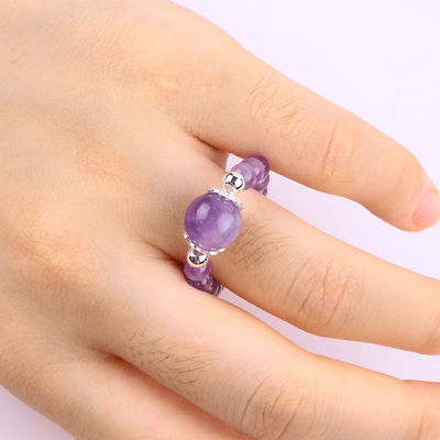 Anneau à perles en pierre précieuse de 4 mm, réglable, élastique, améthyste.