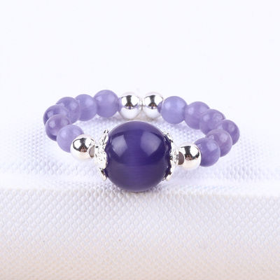 4 mm anneau à perles en pierre précieuse faite à la main réglable élastique violet anneau à yeux de chat en pierre pour la fête