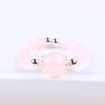 Anneau à perles en pierre précieuse de 4 mm fait à la main, réglable, élastique, en pierre de quartz rose, pour les fêtes.