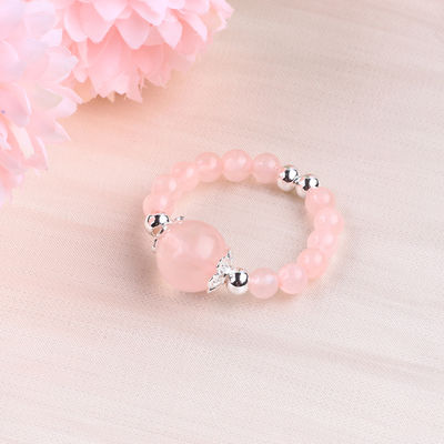 Anneau à perles en pierre précieuse de 4 mm fait à la main, réglable, élastique, en pierre de quartz rose, pour les fêtes.