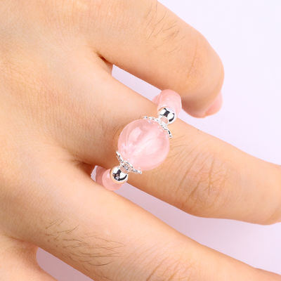 Anneau à perles en pierre précieuse de 4 mm fait à la main, réglable, élastique, en pierre de quartz rose, pour les fêtes.