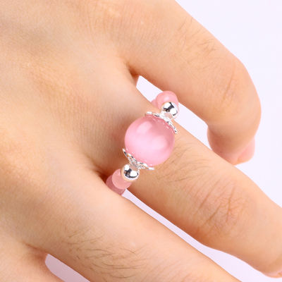 4 mm anneau à perles en pierre précieuse faite à la main réglable élastique rose anneau à pierre pour les yeux de chat pour les fêtes