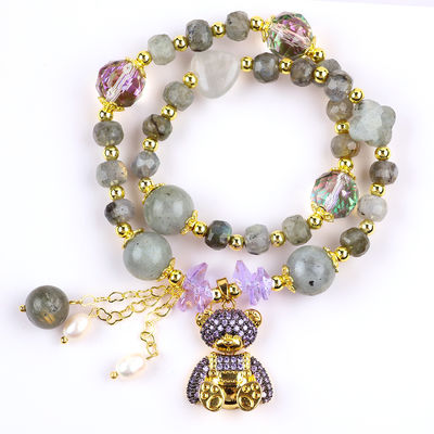 Labradorite et perle d'eau douce en forme de 7 mm, pierre précieuse faite à la main, orbe violette, bracelet à perles.