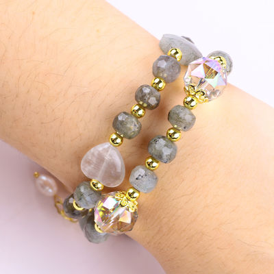 Labradorite et perle d'eau douce en forme de 7 mm, pierre précieuse faite à la main, orbe violette, bracelet à perles.