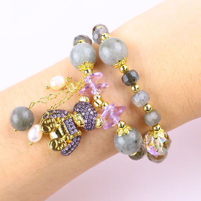 Labradorite et perle d'eau douce en forme de 7 mm, pierre précieuse faite à la main, orbe violette, bracelet à perles.