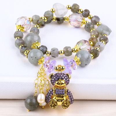 Labradorite et perle d'eau douce en forme de 7 mm, pierre précieuse faite à la main, orbe violette, bracelet à perles.