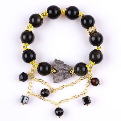 Pierre semi-précieuse Obsidienne dorée avec argent Obsidienne papillon Boucle en forme de perle Bracelet