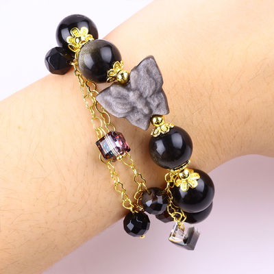 Pierre semi-précieuse Obsidienne dorée avec argent Obsidienne papillon Boucle en forme de perle Bracelet