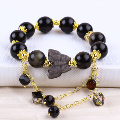 Pierre semi-précieuse Obsidienne dorée avec argent Obsidienne papillon Boucle en forme de perle Bracelet