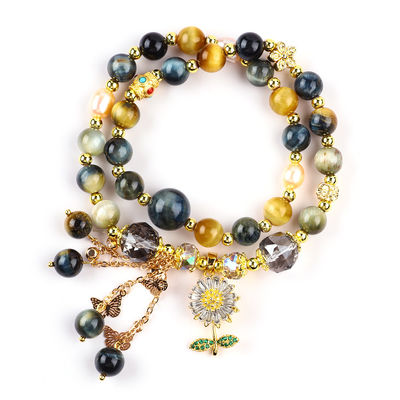 Unique 8 mm avec le rêve de Tiger Eye SunFlower Spinner Charm Blessing Crystal Double Couche Bracelet