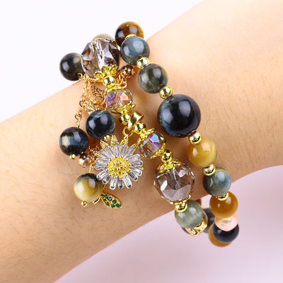 Unique 8 mm avec le rêve de Tiger Eye SunFlower Spinner Charm Blessing Crystal Double Couche Bracelet