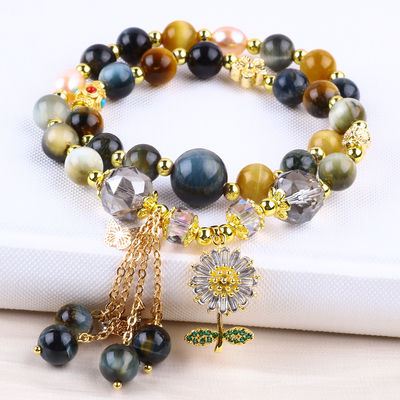 Unique 8 mm avec le rêve de Tiger Eye SunFlower Spinner Charm Blessing Crystal Double Couche Bracelet