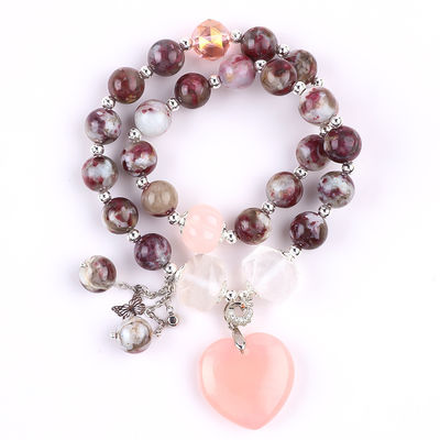 La tourmaline Rose Quartz Coeur Dangle Charm Stretch Double couche Bracelet à perles