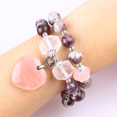 La tourmaline Rose Quartz Coeur Dangle Charm Stretch Double couche Bracelet à perles