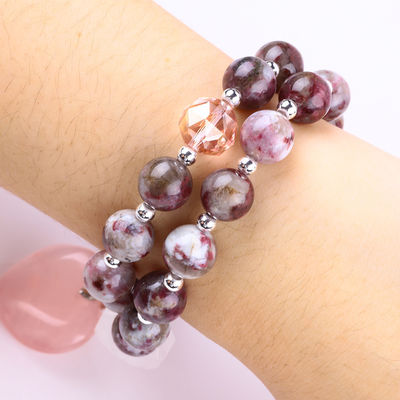 La tourmaline Rose Quartz Coeur Dangle Charm Stretch Double couche Bracelet à perles