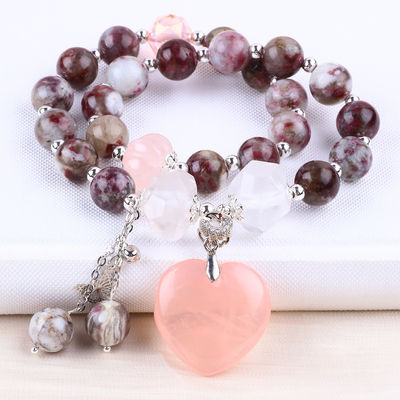 La tourmaline Rose Quartz Coeur Dangle Charm Stretch Double couche Bracelet à perles