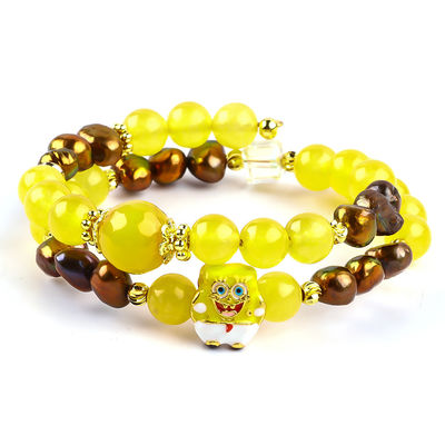 Guérisseur véritable cristal jaune calcédoine et café couleur perle d'eau douce avec Bob l'éponge dessin animé charme bracelet