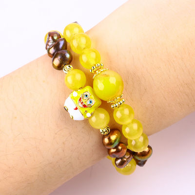 Guérisseur véritable cristal jaune calcédoine et café couleur perle d'eau douce avec Bob l'éponge dessin animé charme bracelet