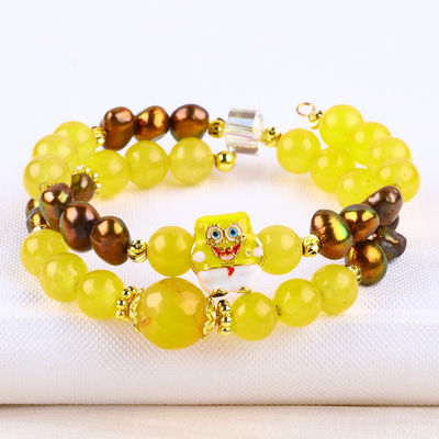 Guérisseur véritable cristal jaune calcédoine et café couleur perle d'eau douce avec Bob l'éponge dessin animé charme bracelet