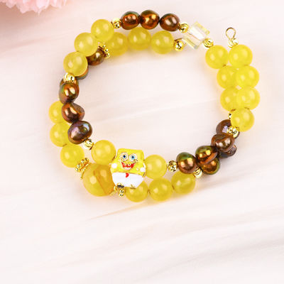 Guérisseur véritable cristal jaune calcédoine et café couleur perle d'eau douce avec Bob l'éponge dessin animé charme bracelet