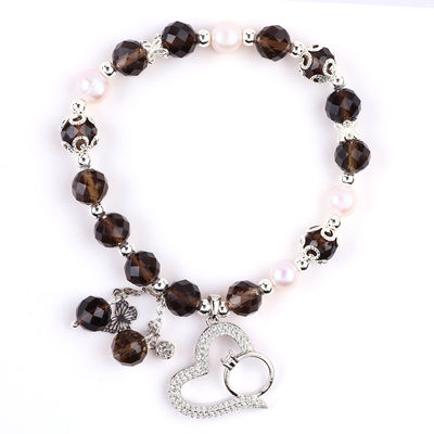 Quartz fumé naturel et perle blanche Reiki guérisseur charme élastique de cœur bracelet de stretch
