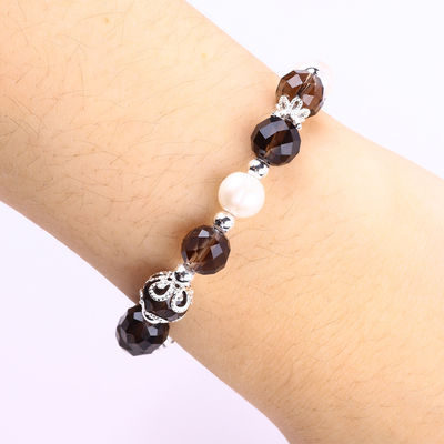 Quartz fumé naturel et perle blanche Reiki guérisseur charme élastique de cœur bracelet de stretch