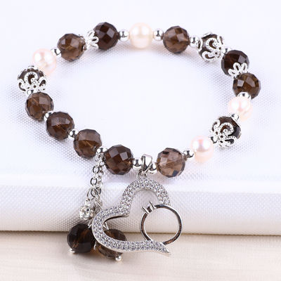 Quartz fumé naturel et perle blanche Reiki guérisseur charme élastique de cœur bracelet de stretch