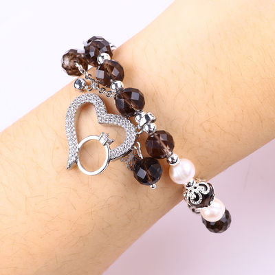 Quartz fumé naturel et perle blanche Reiki guérisseur charme élastique de cœur bracelet de stretch