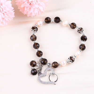 Quartz fumé naturel et perle blanche Reiki guérisseur charme élastique de cœur bracelet de stretch
